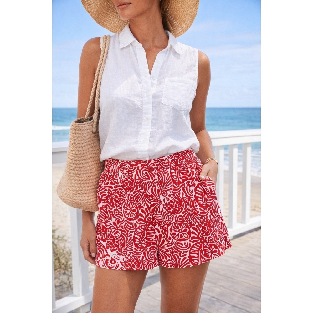 Pink Hawaiian Floral Linen Blend Shorts Summer Vacation LOFT L